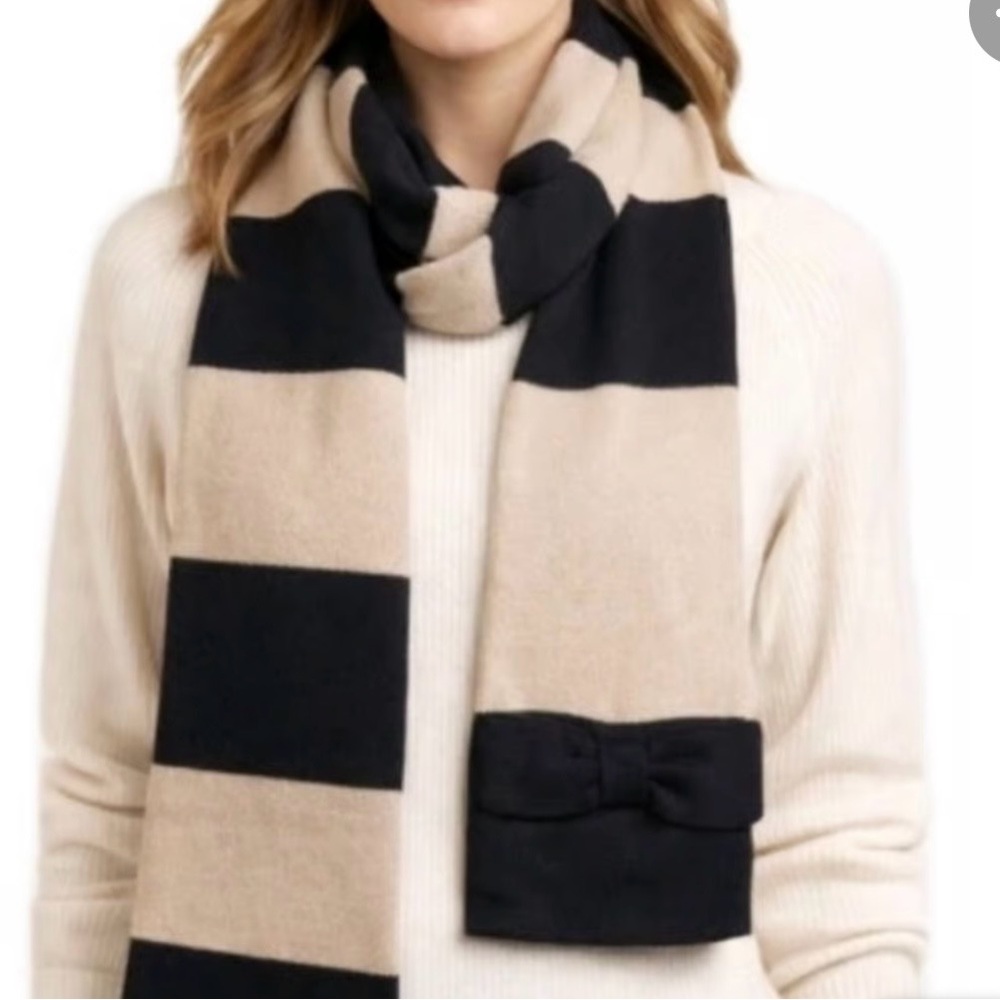 Kate Spade Black and Tan Wool Striped Scarf with Bow